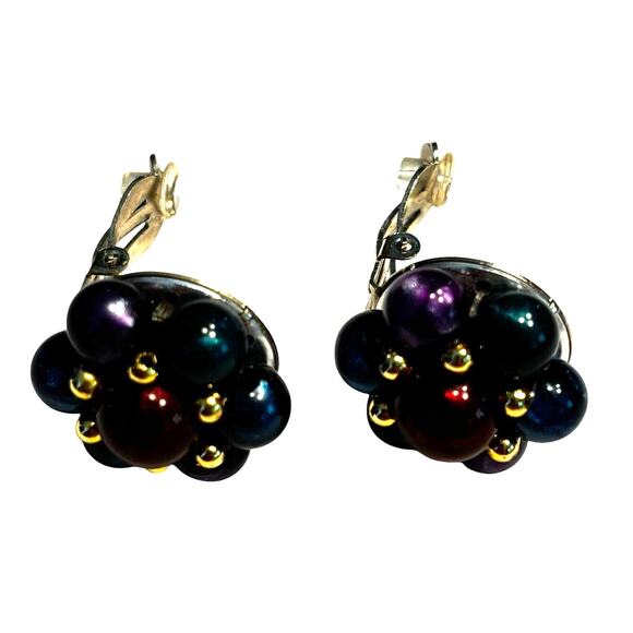 Vintage clip on earrings gem tones & gold beaded clusters mid century rounds - Picture 4 of 8